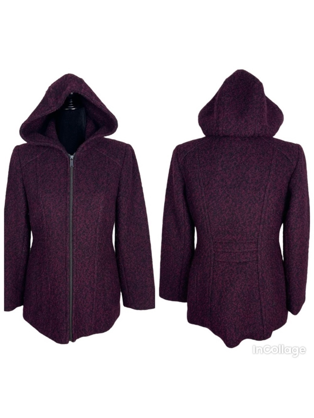 ✅ Anne Klein red/maroon marbled hooded full zipper wool coat size S